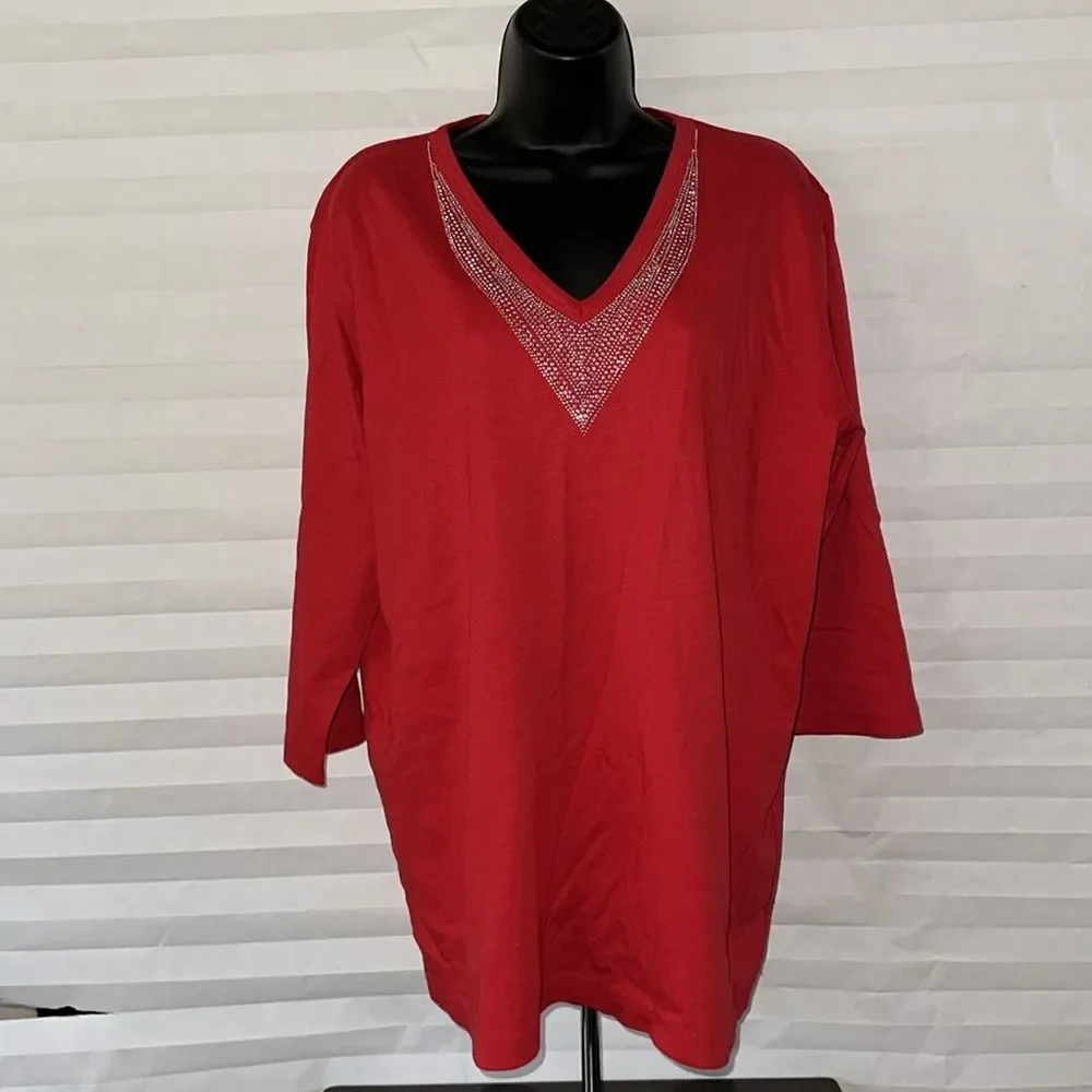 Isaac’s Designs Casuals Women’s Red 3/4 Sleeve Top 1X Crystal Embellishments